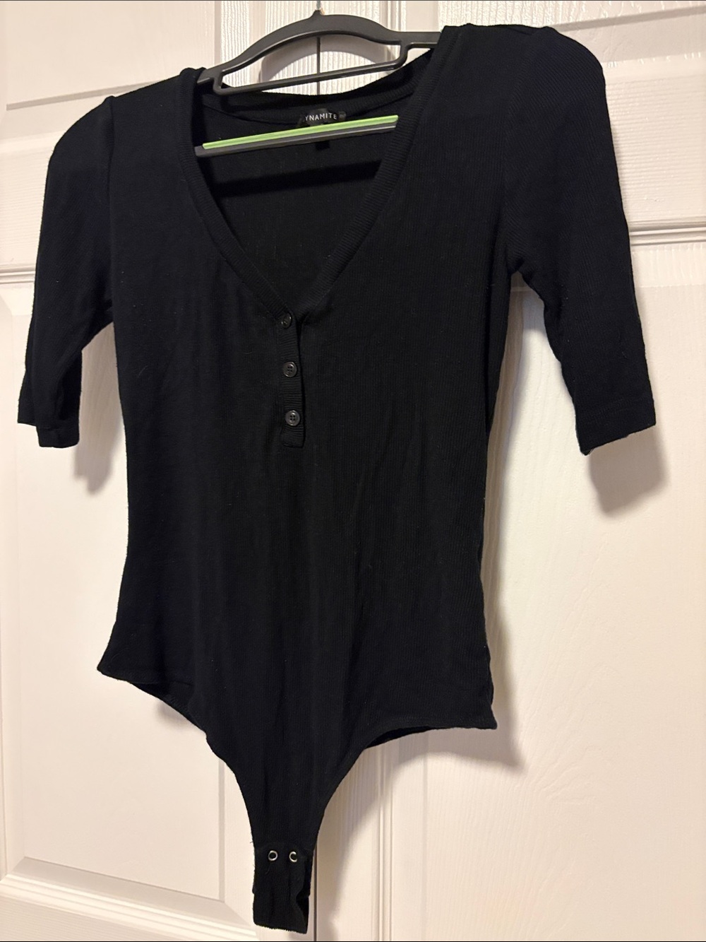 Dynamite Black Ribbed V-Neck Henley Bodysuit